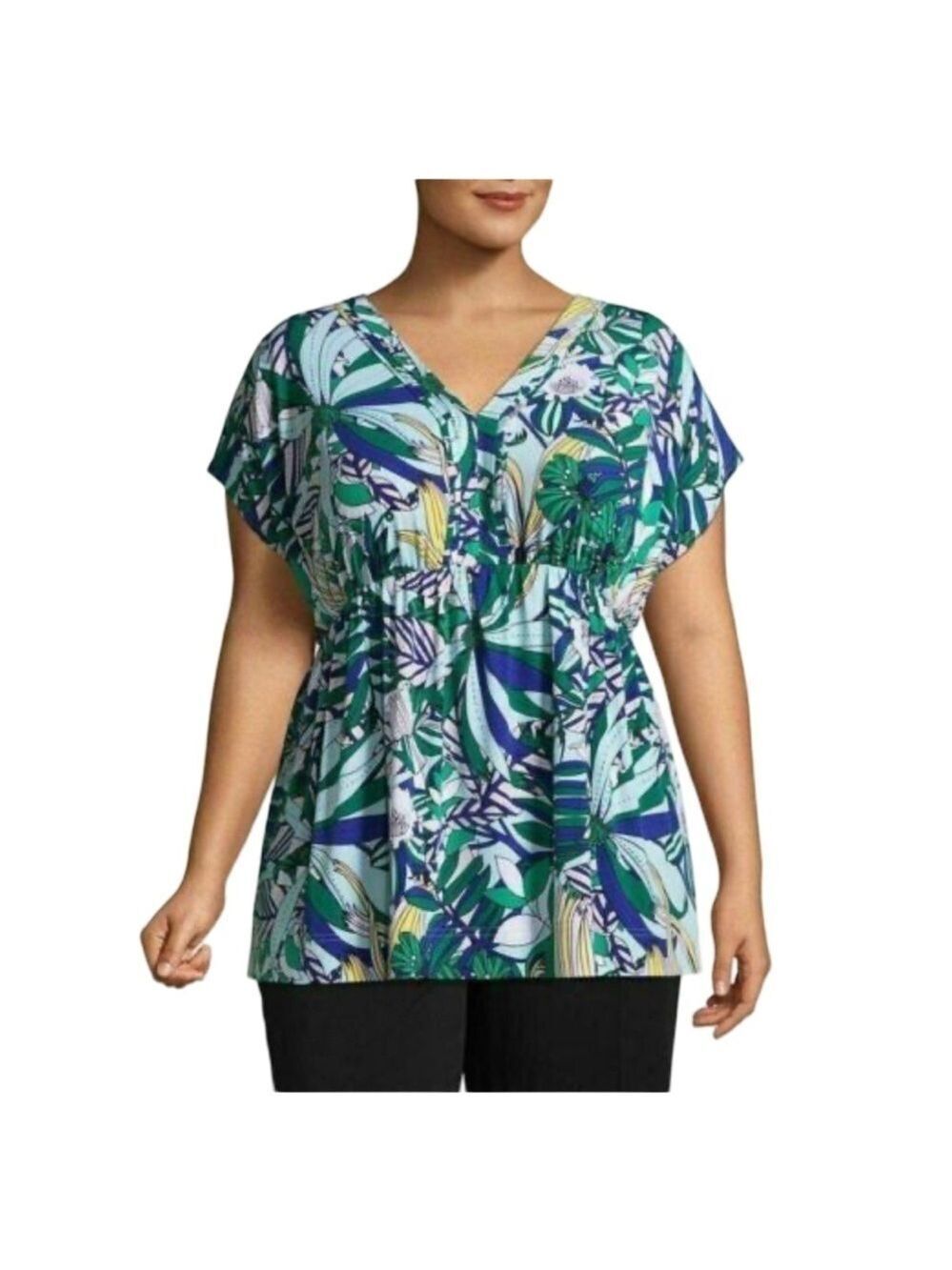 Liz Claiborne Floral V-Neck Pleated Elastic Waist Tunic Top NWT Size 3X